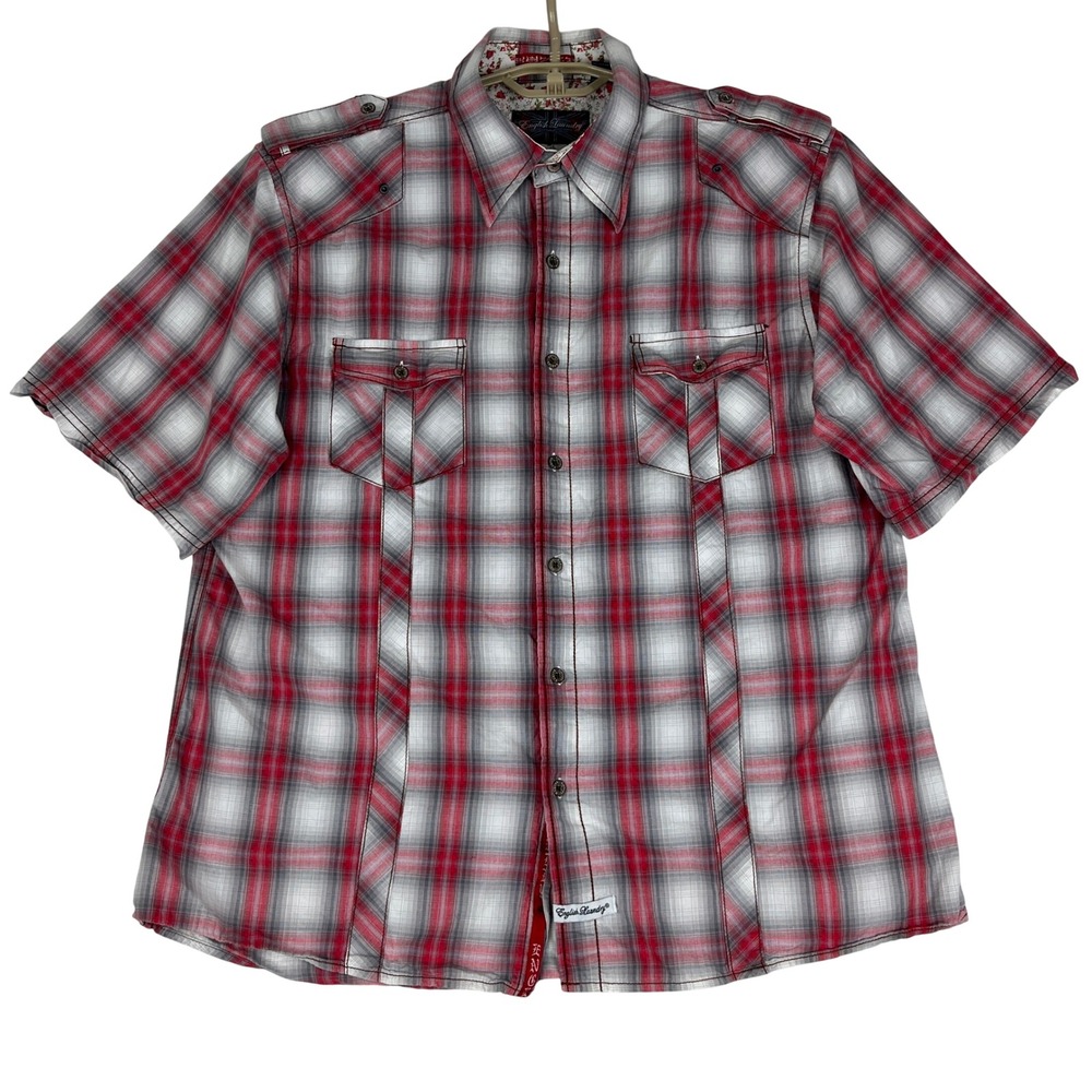 English Laundry Shirt Mens XXL Red White Plaid Floral Trim Western Button Down